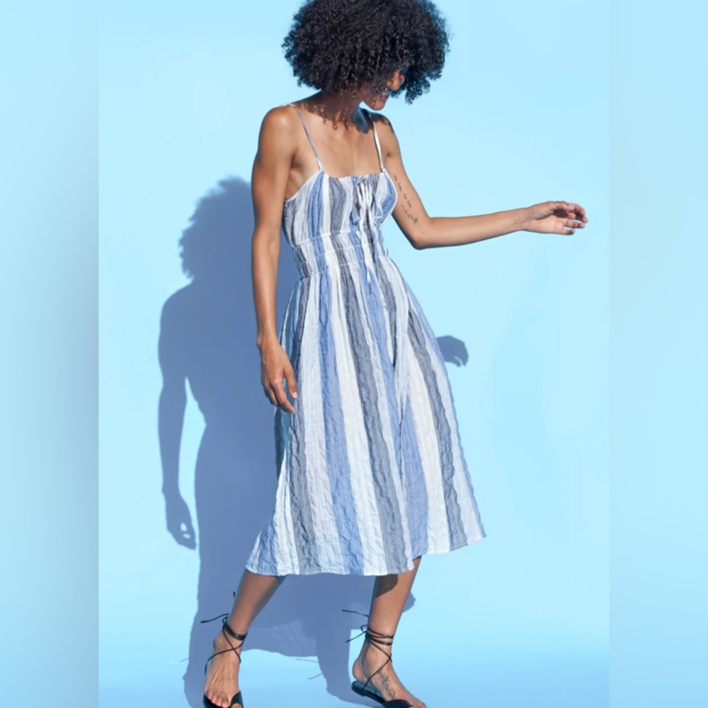 Ciao Lucia Blue and White Striped Spaghetti‑Strap Midi Dress
